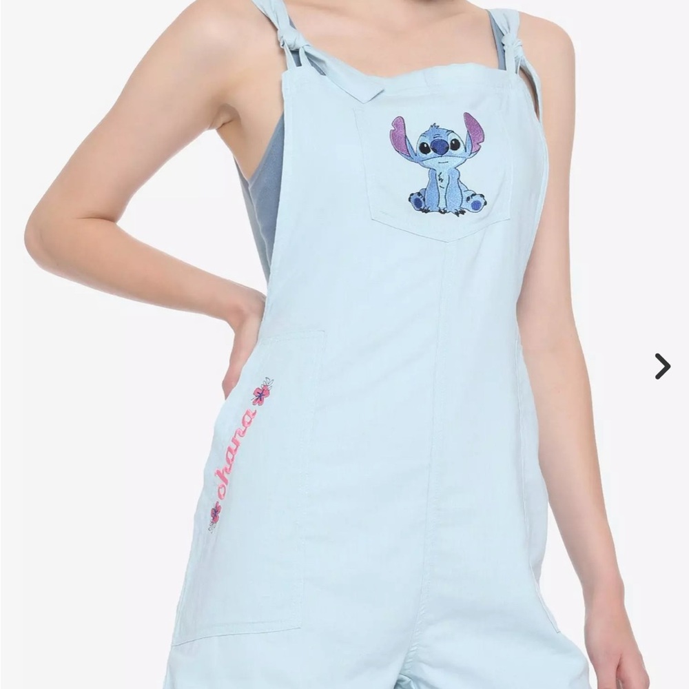 Disney Lilo & Stitch Ohana Stitch Tie Linen Light Blue Shortalls Size XS